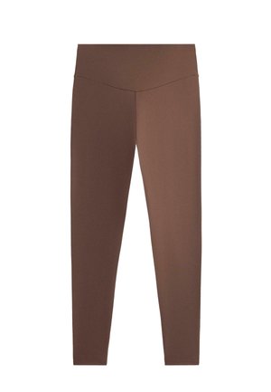 Bruine leggings met hoge taille en volledige lengte, met een gladde tailleband en zonder zichtbare patronen of logo's.