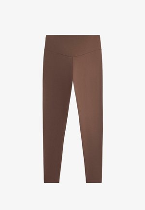 Bruine leggings met hoge taille en volledige lengte, met een gladde tailleband en zonder zichtbare patronen of logo's.
