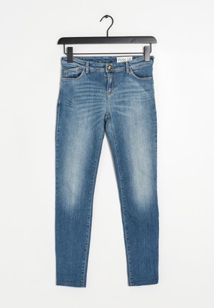 Blauwe denim skinny jeans met een vervaagde wassing, ontwerp met vijf zakken, goudkleurige details en een knoopsluiting in de taille.