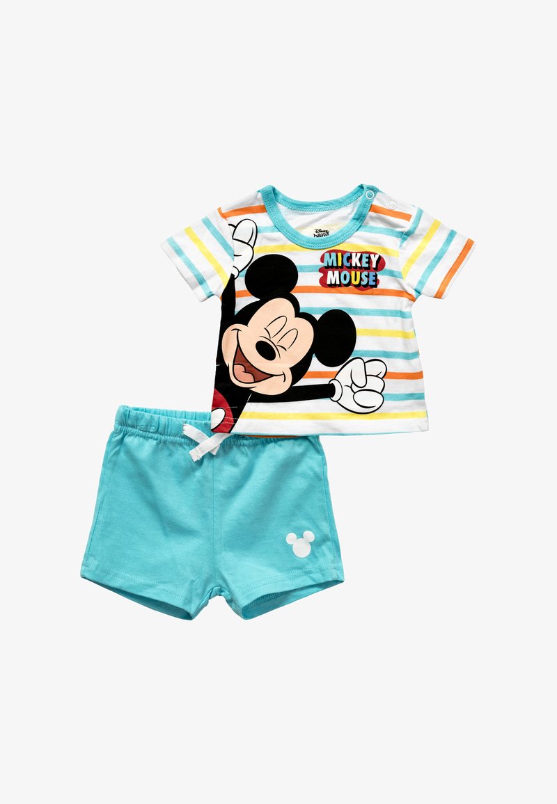 T-shirt rayé pour tout-petit avec illustration de Mickey Mouse et short turquoise assorti avec icône blanche de Mickey sur la jambe gauche.