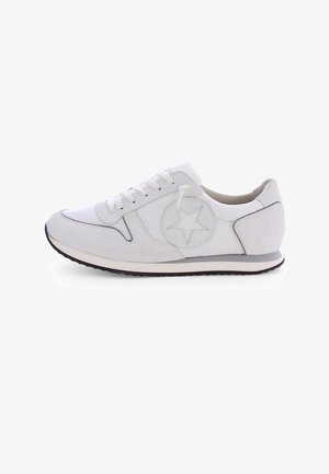 White and light gray suede sneaker with lace-up front, side star emblem, and black rubber sole, shown from outer side.