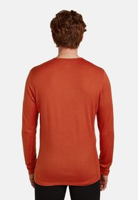 Punainen pitkähihainen paita, jota henkilö käyttää selkäpuolelta nähtynä, kiharat ruskeat hiukset, yksinkertaista vaaleaa taustaa vastaan.