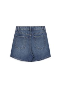 Denim shorts with a light blue color, featuring a high waistband, two back pockets, and a slightly curved hem.