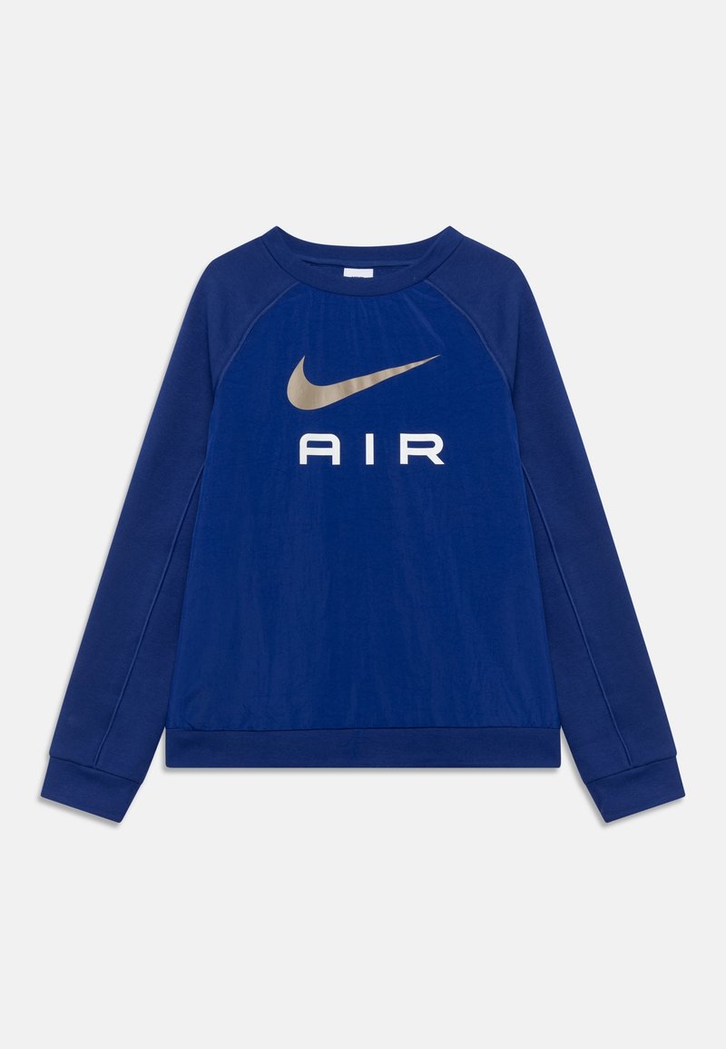 Blauwe katoenen sweatshirt met lange mouwen, geribbelde manchetten, ronde hals, en een grote gouden Nike swoosh en "AIR" gedrukt op de voorkant.
