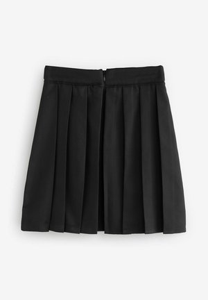 Jupe plissée noire en tissu lisse, dotée d'une fermeture éclair cachée à l'arrière et d'une taille structurée.