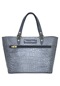 Graue Kunstleder-Tote mit geprägtem Krokodil-Muster, doppelten oberen Tragegriffen und einer vorderen Reißverschlusstasche. Verfügt über Akzente in goldfarbenem Metall.
