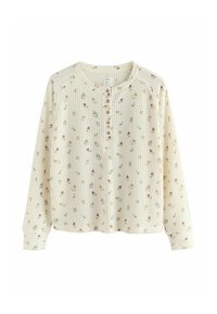 Langärmliges cremefarbenes Oberteil mit Rippstruktur, Blumenmuster in Pink und Grün, rundem Halsausschnitt, Knopfleiste und lockerem Schnitt.