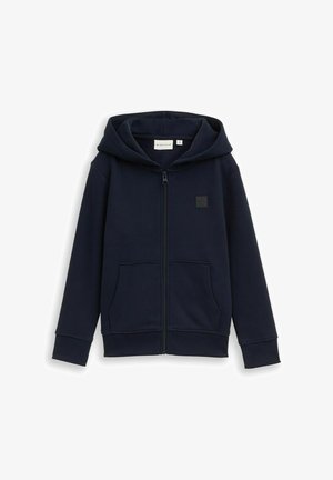 Granatowa bluza rozpinana na zamek z kieszeniami z przodu, ściągaczami na rękawach, kapturem i małą kwadratową naszywką z logo na piersi.