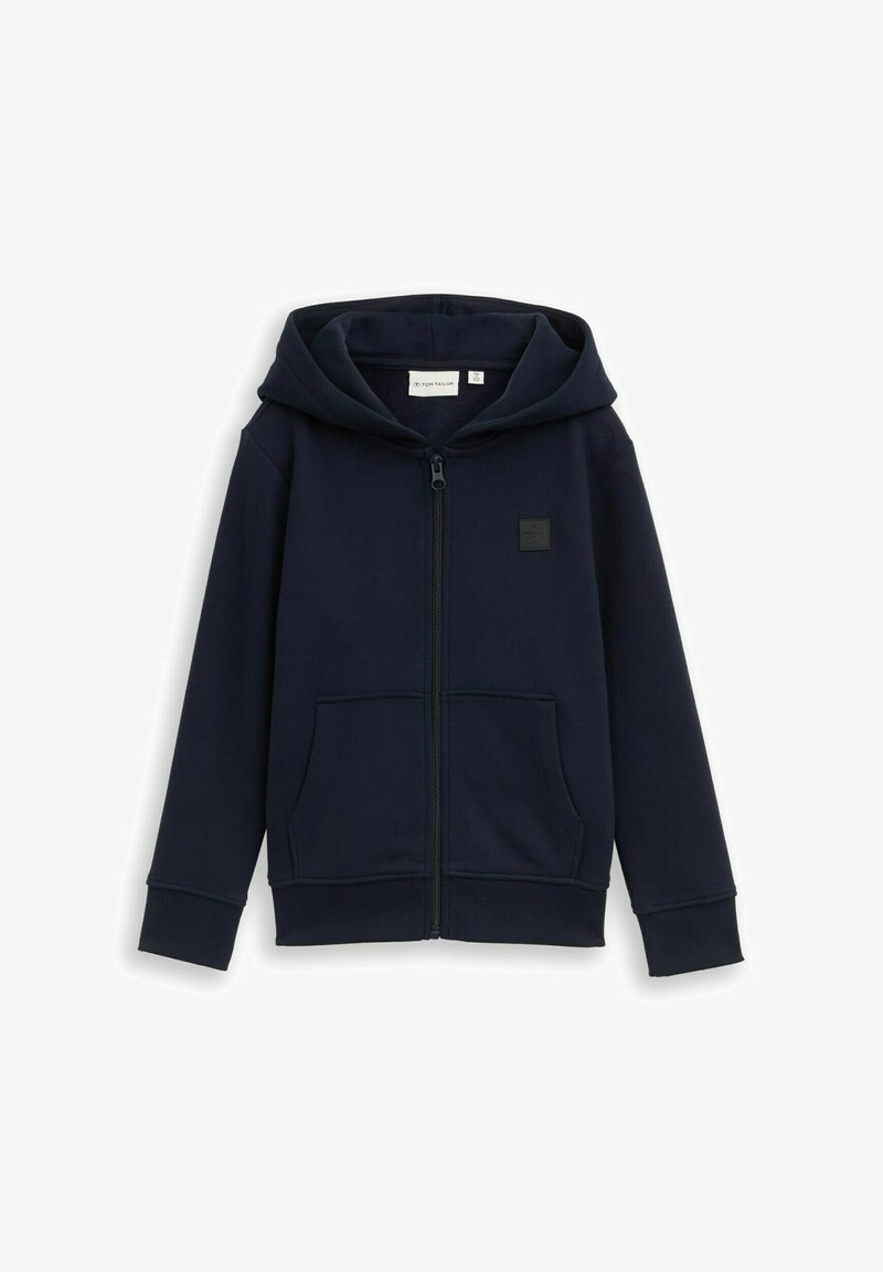 Sudadera azul marino con cremallera completa, bolsillos delanteros, puños acanalados, capucha y un pequeño parche cuadrado de la marca en el pecho.