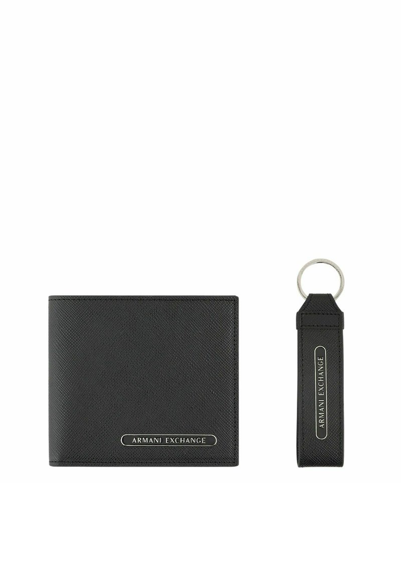 Black leather wallet with a textured finish and a silver "Armani Exchange" logo. Includes a matching keychain with a strap and logo.