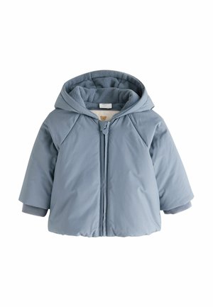 Babyblå vinterjakke med hætte, forrest lynlås og blødt fleecefor, designet til varme og komfort.