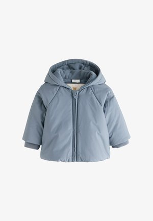 Babyblå vinterjakke med hætte, forrest lynlås og blødt fleecefor, designet til varme og komfort.