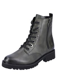 Groene leren enkelboot met een ronde neus, zwarte veters, zijrits en een getextureerde rubberen zool. Voorzien van metalen oogjes en accenten.
