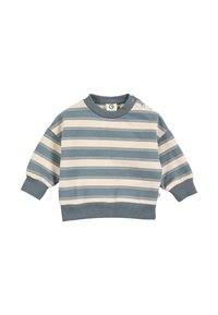 Striped sweatshirt in beige and blue. Features a round neck, long sleeves, and ribbed cuffs. Buttons at the shoulder for easy wear.