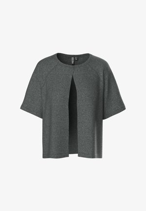 Siva kratka rokavičasta jakna iz mehkega materiala, z okroglim izrezom in odprtim sprednjim delom v sproščenem kroju.