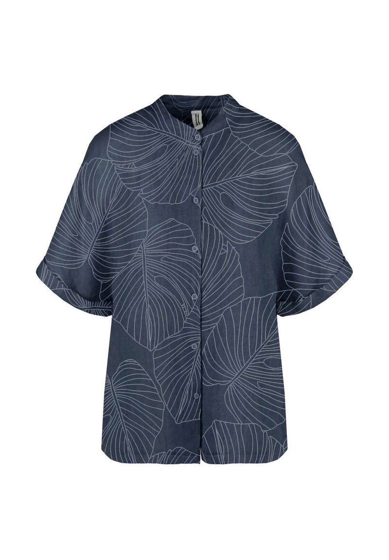 Camicia blu navy a maniche corte con un motivo di foglie bianche, chiusura con bottoni e vestibilità rilassata. Realizzata in un tessuto leggero e dalla texture liscia.