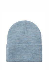 Gorro de punto azul claro con textura acanalada y puño doblado. Hecho de un material suave y cálido, adecuado para el clima frío.