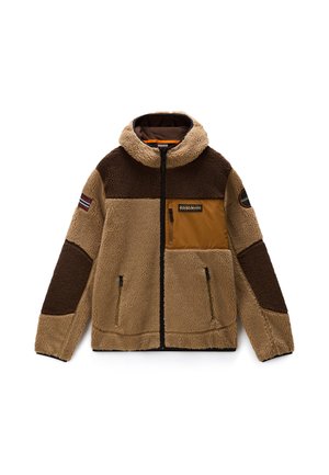 Giacca in pile beige e marrone con cerniera frontale, tasche con zip, tasca sul petto con patta e toppe marchiate sul petto e sulla manica.