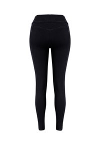 Jeans skinny neri a vita alta visti da dietro, con dettagli delle cuciture e senza tasche visibili.