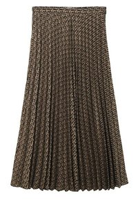 Jupe plissée marron avec un motif graphique répétitif en beige, dotée d'une ceinture large et d'une coupe fluide pour faciliter les mouvements.