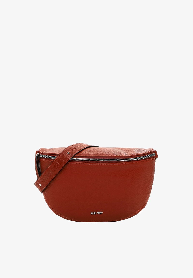 Borsa a tracolla rossa in pelle con forma arrotondata, chiusura con zip e superficie texturizzata. Presenta una tracolla regolabile con marchio.