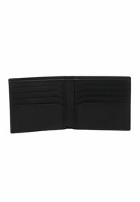Portefeuille en cuir noir au design ouvert, comportant plusieurs emplacements pour cartes et un intérieur texturé. Forme simple et élégante avec un branding discret.