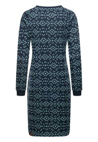 Long-sleeve dress in navy with geometric mint-green pattern. Features a round neckline and ribbed cuffs. Includes a small brand logo at the hem.