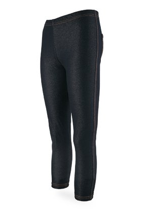 Czarne jeansowe legginsy o dopasowanym kroju, z pomarańczowymi przeszyciami wzdłuż szwów oraz gładką, elastyczną teksturą.