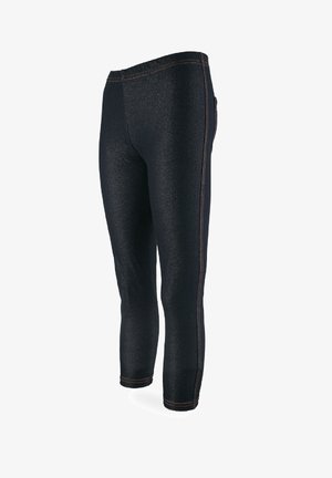 Czarne jeansowe legginsy o dopasowanym kroju, z pomarańczowymi przeszyciami wzdłuż szwów oraz gładką, elastyczną teksturą.