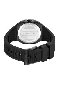 Orologio Cerruti 1881 nero con cinturino in silicone rigato e cassa in acciaio inossidabile. Presenta un quadrante rotondo ed è resistente all'acqua fino a 50 metri.
