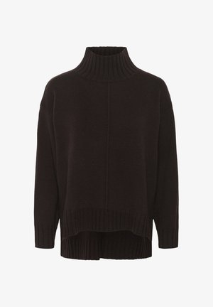 Pull à col roulé marron foncé en tricot épais. Présente une coupe décontractée, des poignets et un ourlet côtelés, avec un devant légèrement court et un dos plus long.