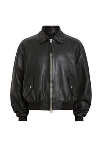 Czarna skórzana kurtka typu bomber o gładkiej fakturze, z prążkowanymi mankietami i krawędzią, dwoma bocznymi kieszeniami i zapięciem na suwak z przodu. Klasyczny kołnierz.