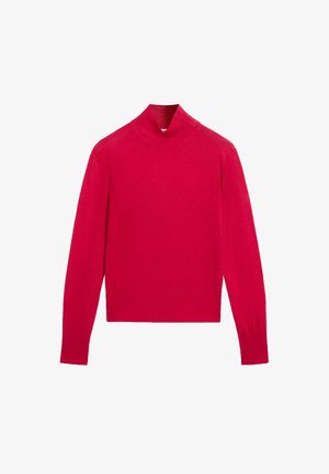 Hellroter Rollkragenpullover mit langen Ärmeln, gerippten Bündchen und Kragen, auf weißem Hintergrund dargestellt.