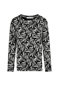 Langärmliges Shirt in Schwarz und Weiß mit floralem abstraktem Muster, rundem Ausschnitt und weicher Textur. Hat einen lässigen Schnitt.