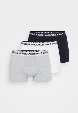 Herren Boxerbrief-Set in Grau, Weiß und Schwarz. Weicher Baumwollstoff mit elastischem Bund, der die Marke Karl Lagerfeld trägt.
