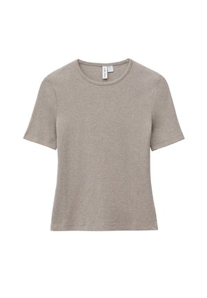 T-shirt beige a maniche corte con scollo rotondo. Realizzato in tessuto a costine, presenta una forma dritta e una texture morbida. Design minimalista.
