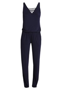 Marineblauer Jumpsuit mit V-Ausschnitt und dünnen Trägerdetails im Oberteil. Hergestellt aus einem glatten Stoff mit einem elastischen Bund und schmal zulaufenden Beinen.