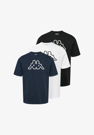 Set van drie t-shirts met korte mouwen in marineblauw, wit en zwart katoen, met een opvallend contrastlogo aan de voorkant. Klassiek ronde hals ontwerp.