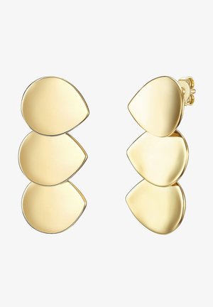 Kolczyki na sztyft w złotym odcieniu z trzema nałożonymi na siebie abstrakcyjnymi kształtami kropli, o gładkiej, polerowanej powierzchni i zapięciami na motylka.