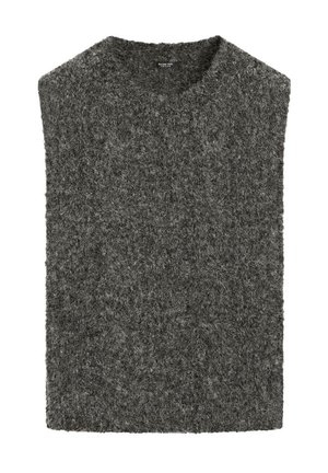 Poncho gris tricoté en tissu doux et texturé, avec un design sans manches et un col rond, présentant une forme rectangulaire ample.