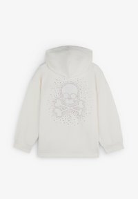 Witte hoodie met een doodskop en gekruiste botten ontwerp, versierd met rhinestones, en een zachte, gladde textuur.