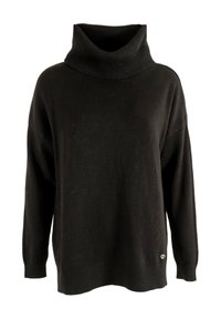 Suéter negro de cuello alto con ribete en el cuello y los puños, hecho de una tela suave. Presenta un corte relajado y un pequeño detalle del logo en el dobladillo.