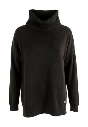 Zwarte coltrui met geribde kraag en manchetten, gemaakt van zachte stof. Heeft een losse pasvorm en een klein logodetail op de zoom.