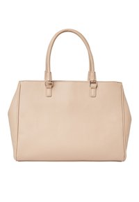 Borsa tote in pelle beige con due manici superiori, forma rettangolare spaziosa, texture sottile e accenti in metallo.