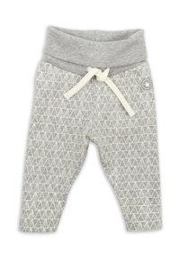 Pantalon bébé gris avec un motif géométrique de triangles blancs, ceinture douce et cordon blanc à la taille.