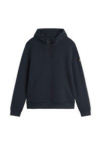 Sudadera navy de tela suave, con capucha ajustable, bolsillo tipo canguro y puños acanalados. Diseño minimalista sin patrones visibles.