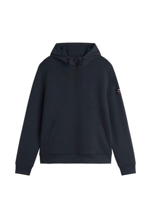 Navy Hoodie aus weichem Stoff, mit Kapuze zum Schnüren, Kängurutasche und gerippten Bündchen. Minimalistisches Design ohne sichtbare Muster.