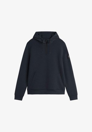 Sudadera navy de tela suave, con capucha ajustable, bolsillo tipo canguro y puños acanalados. Diseño minimalista sin patrones visibles.
