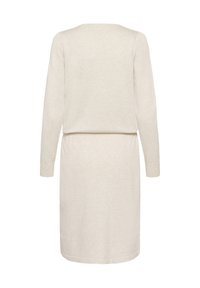 Langarmkleid in Hellbeige, mit rundem Ausschnitt und elastischem Bund. Weicher Stoff mit glatter Textur und schlichter Silhouette.