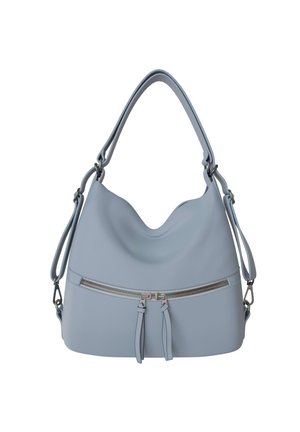 Light blue leather handbag with a curved top, double zipper pocket on front, and adjustable shoulder and crossbody straps.